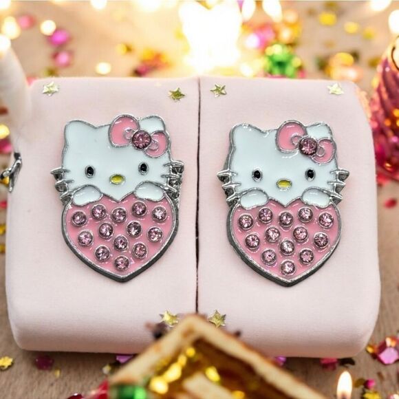 Hello Kitty Earrings Pink Rhinestone Enamel Heart Pierced Ears Cat Studs Jewelry - Picture 3 of 4